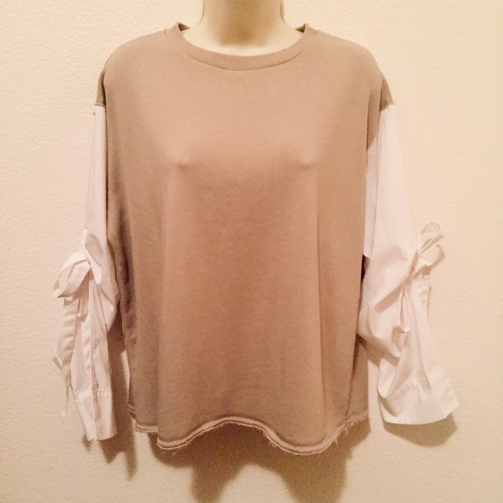 Zara Women’s tan pullover shirt with cute white tied sleeves & raw hem